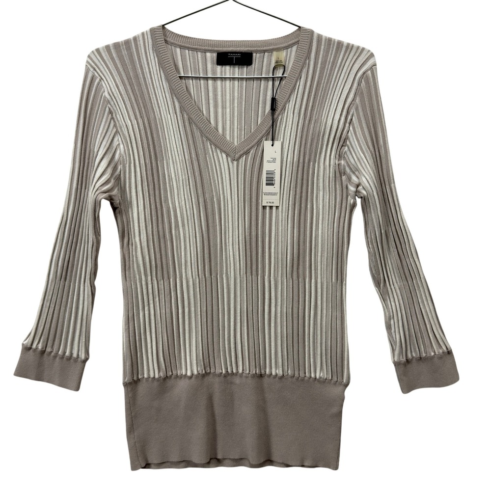 Tahari V-Neck Ribbed Sweater Women L Wheat Berry Ivory Professional Minimalist
